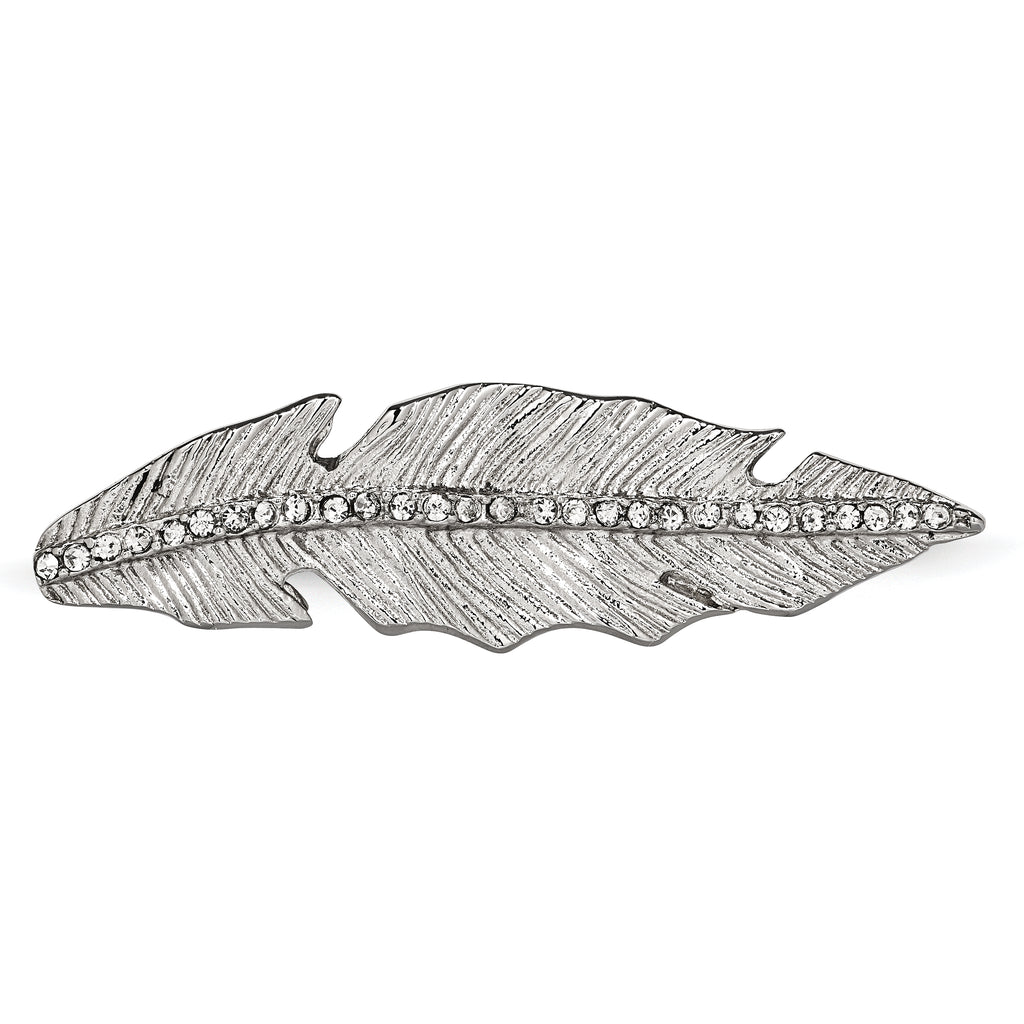 StainleSterling Silver Steel Polished&Antiqued Leaf Two Finger Crystal Ring
