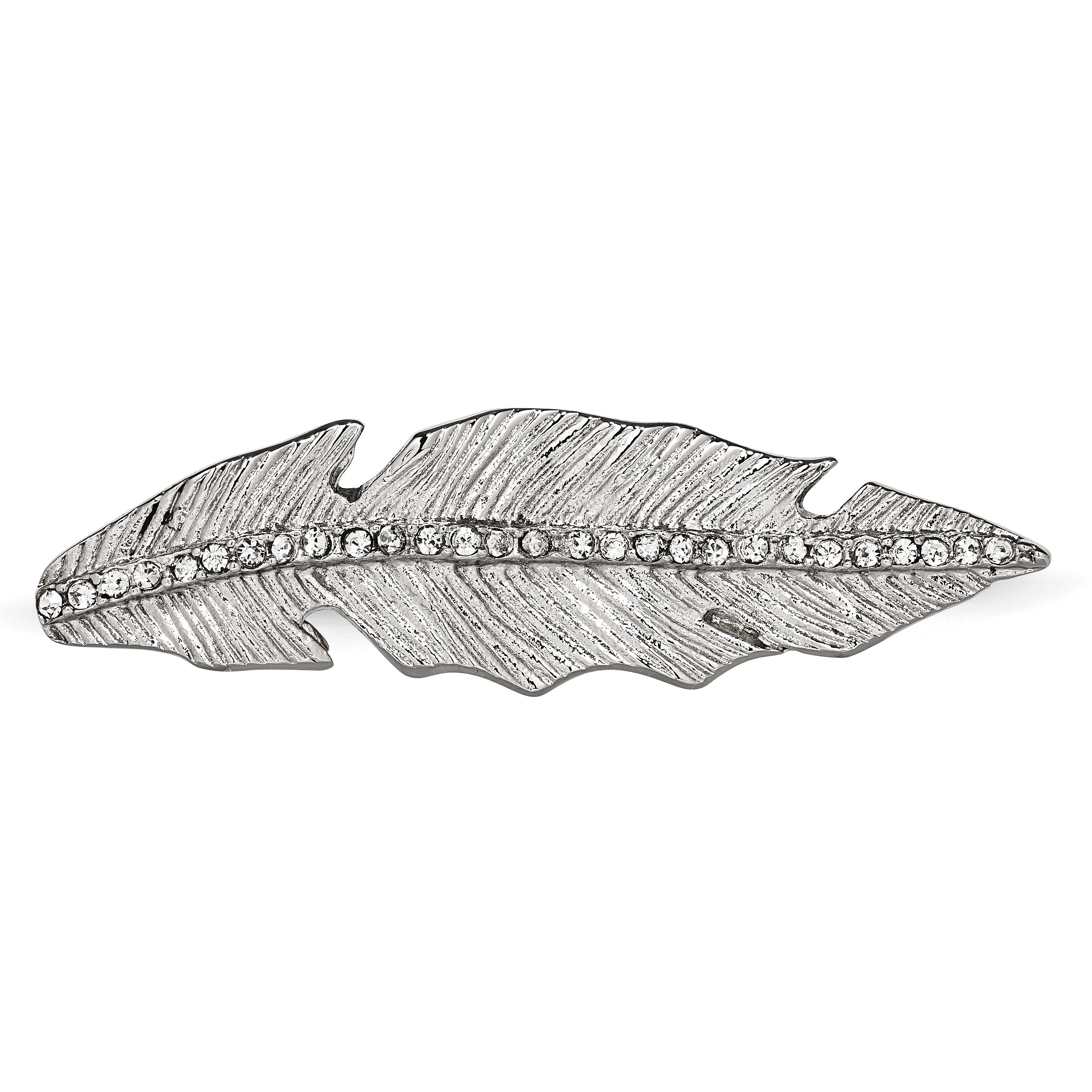 StainleSterling Silver Steel Polished&Antiqued Leaf Two Finger Crystal Ring