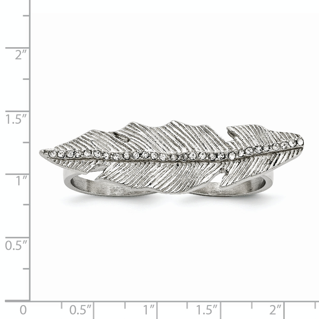 StainleSterling Silver Steel Polished&Antiqued Leaf Two Finger Crystal Ring