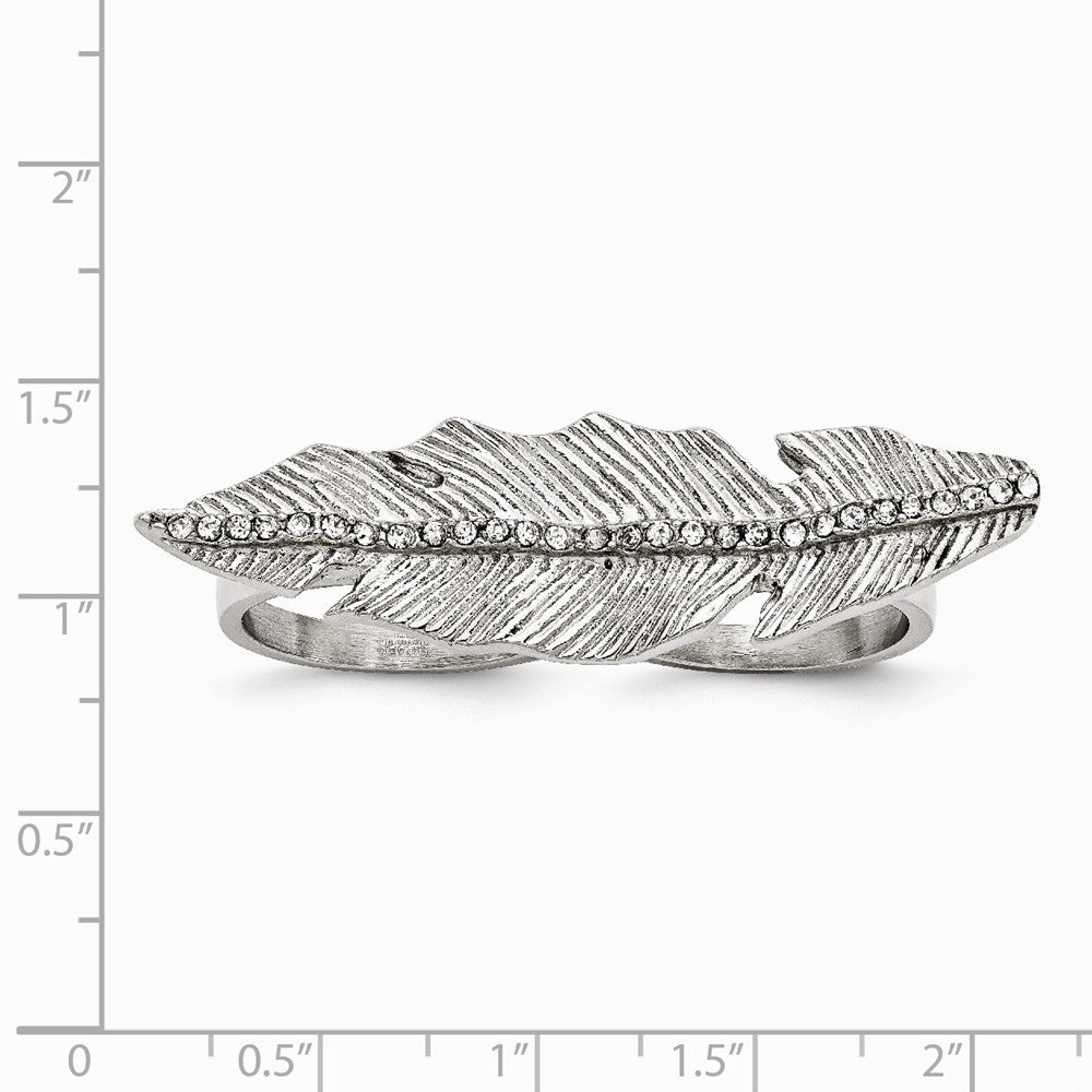 Stainless Steel Polished&Antiqued Leaf Two Finger 8/9 Crystal Ring