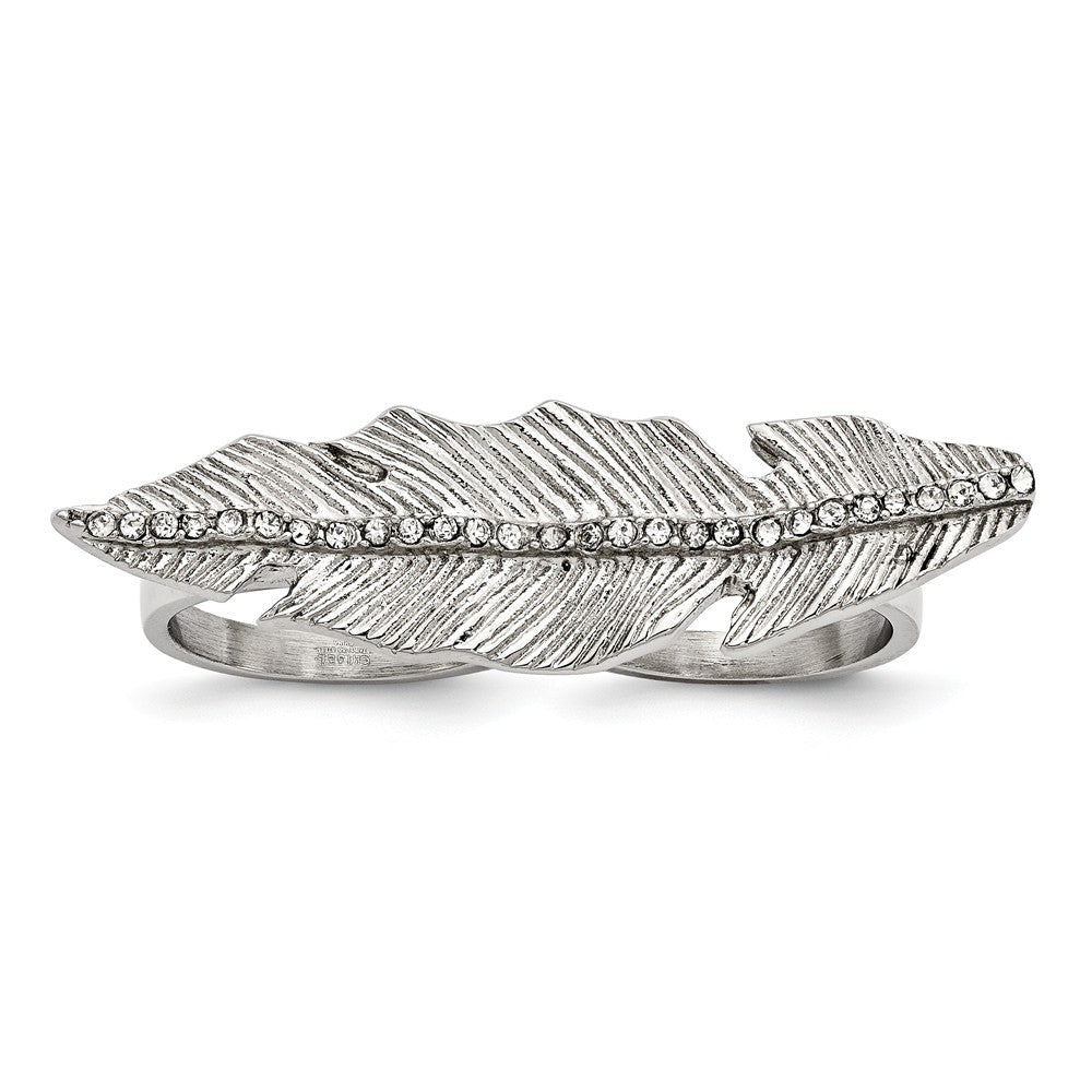 Sophia Jewelers Polished Antiqued Stainless Steel Crystal Leaf Two-Finger Ring - 6