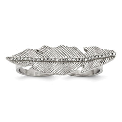 Stainless Steel Polished&Antiqued Leaf Two Finger Crystal Ring