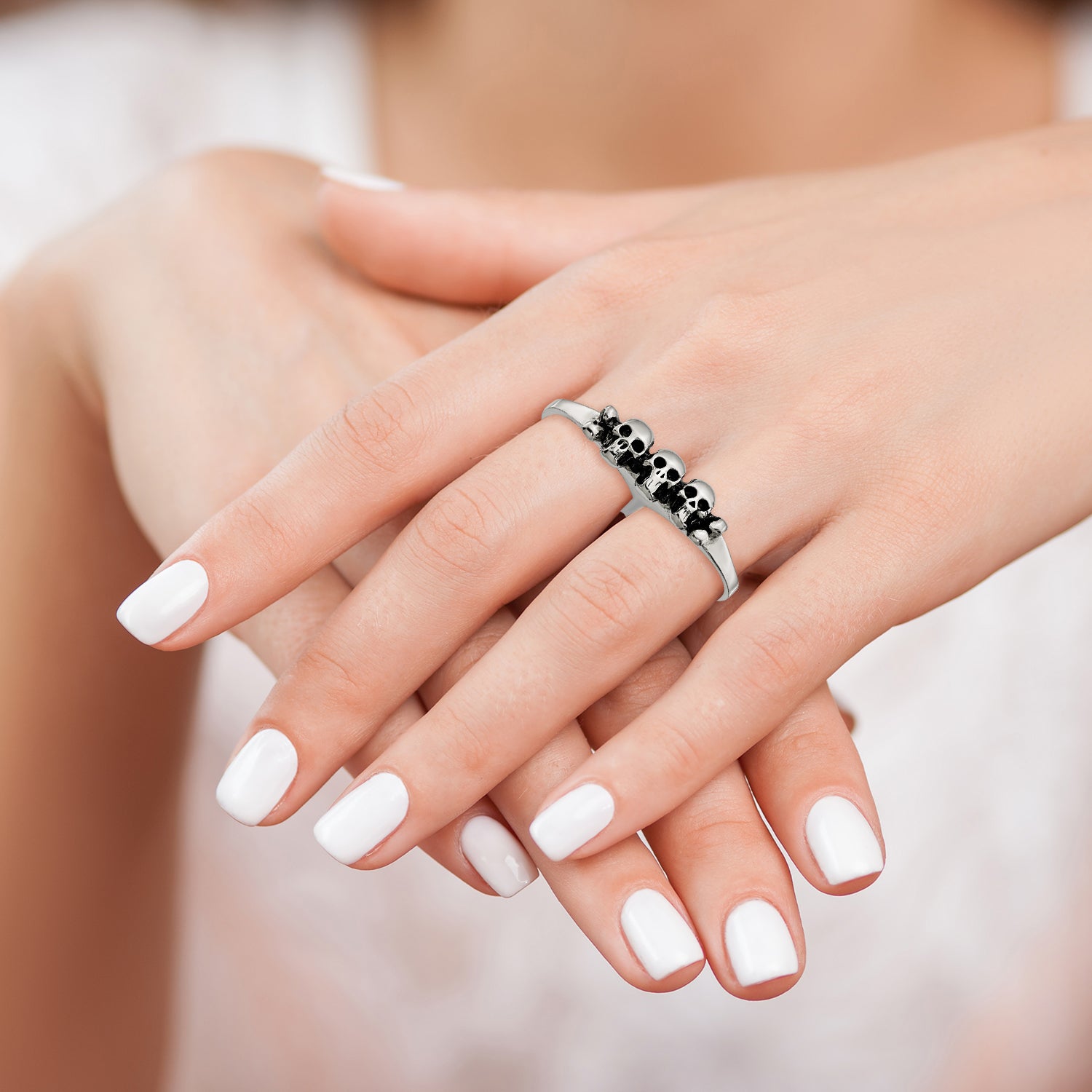 StainleSterling Silver Steel Polished & Antiqued Two Finger Skulls Ring