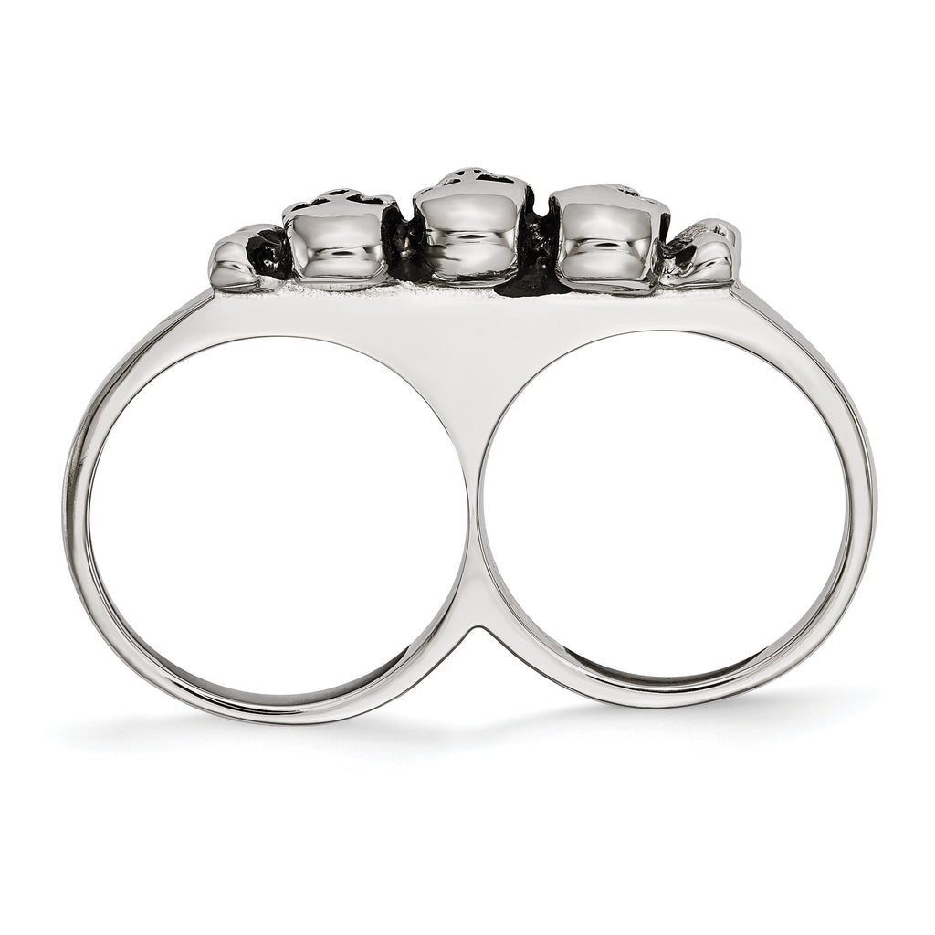 StainleSterling Silver Steel Polished & Antiqued Two Finger Skulls Ring