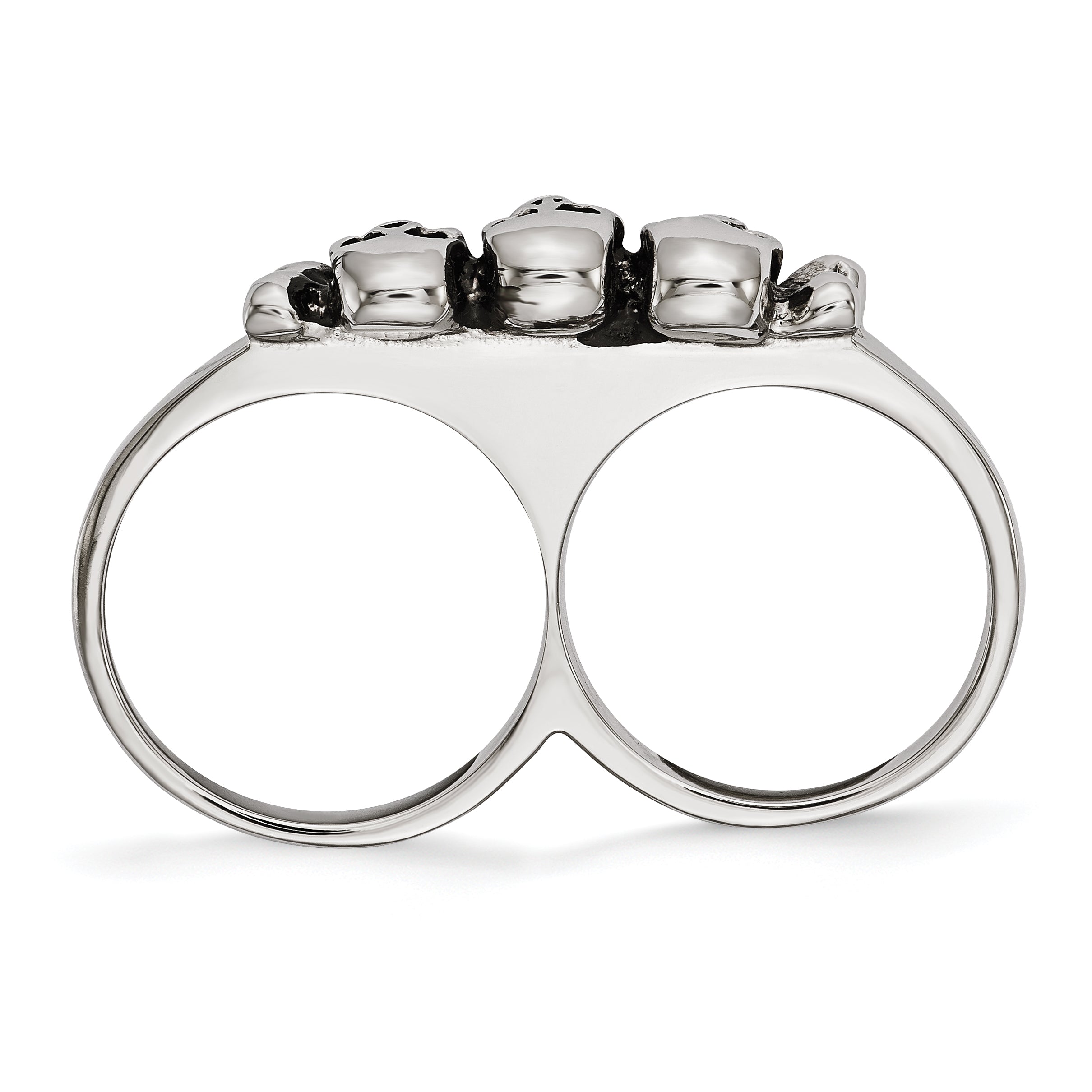StainleSterling Silver Steel Polished & Antiqued Two Finger Skulls Ring