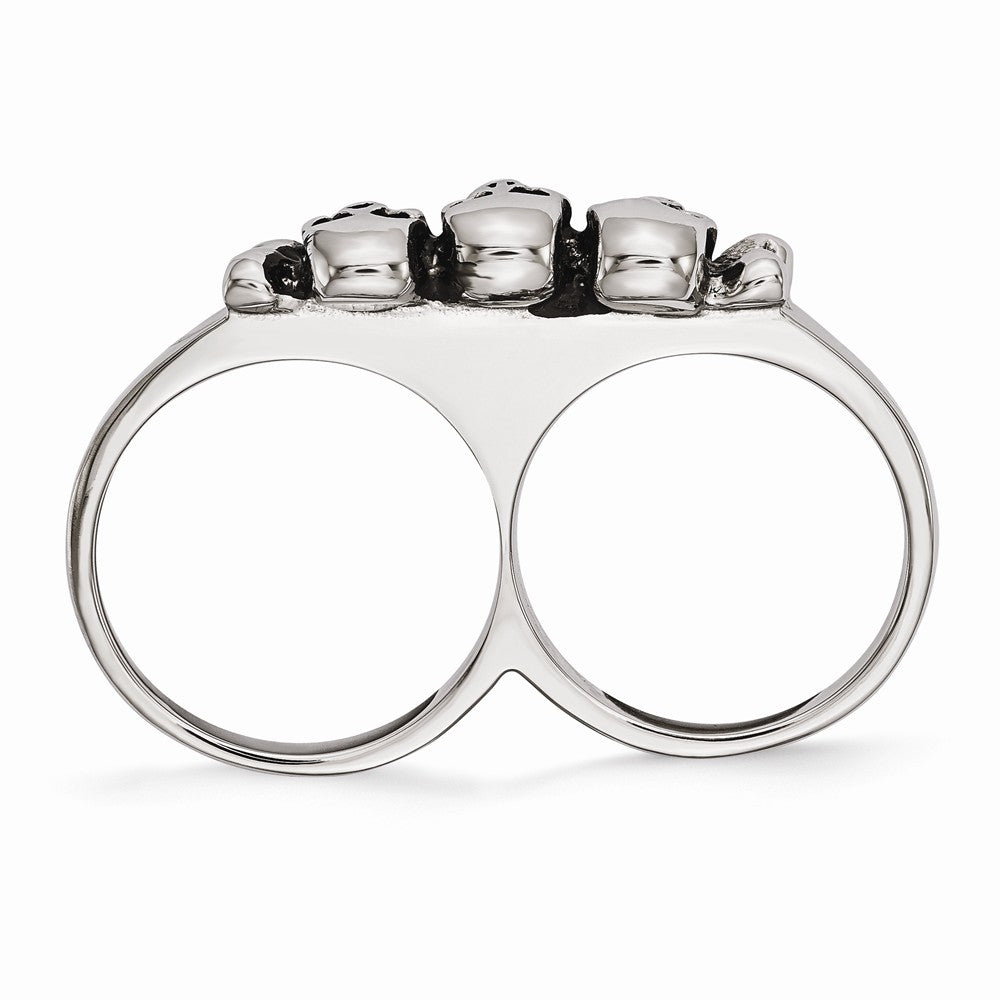 Stainless Steel Skull Two-Finger Ring with Polished Antiqued Finish - 6