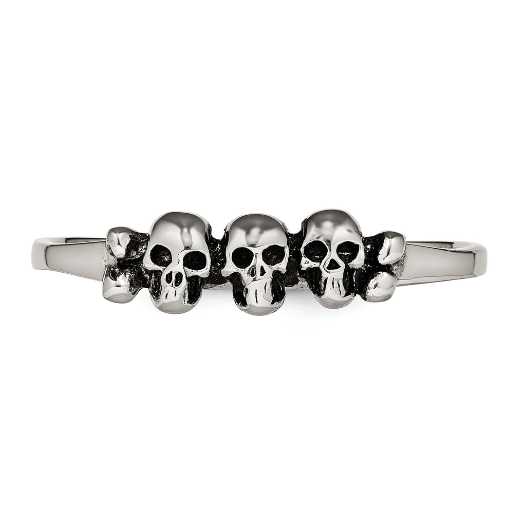 StainleSterling Silver Steel Polished & Antiqued Two Finger Skulls Ring