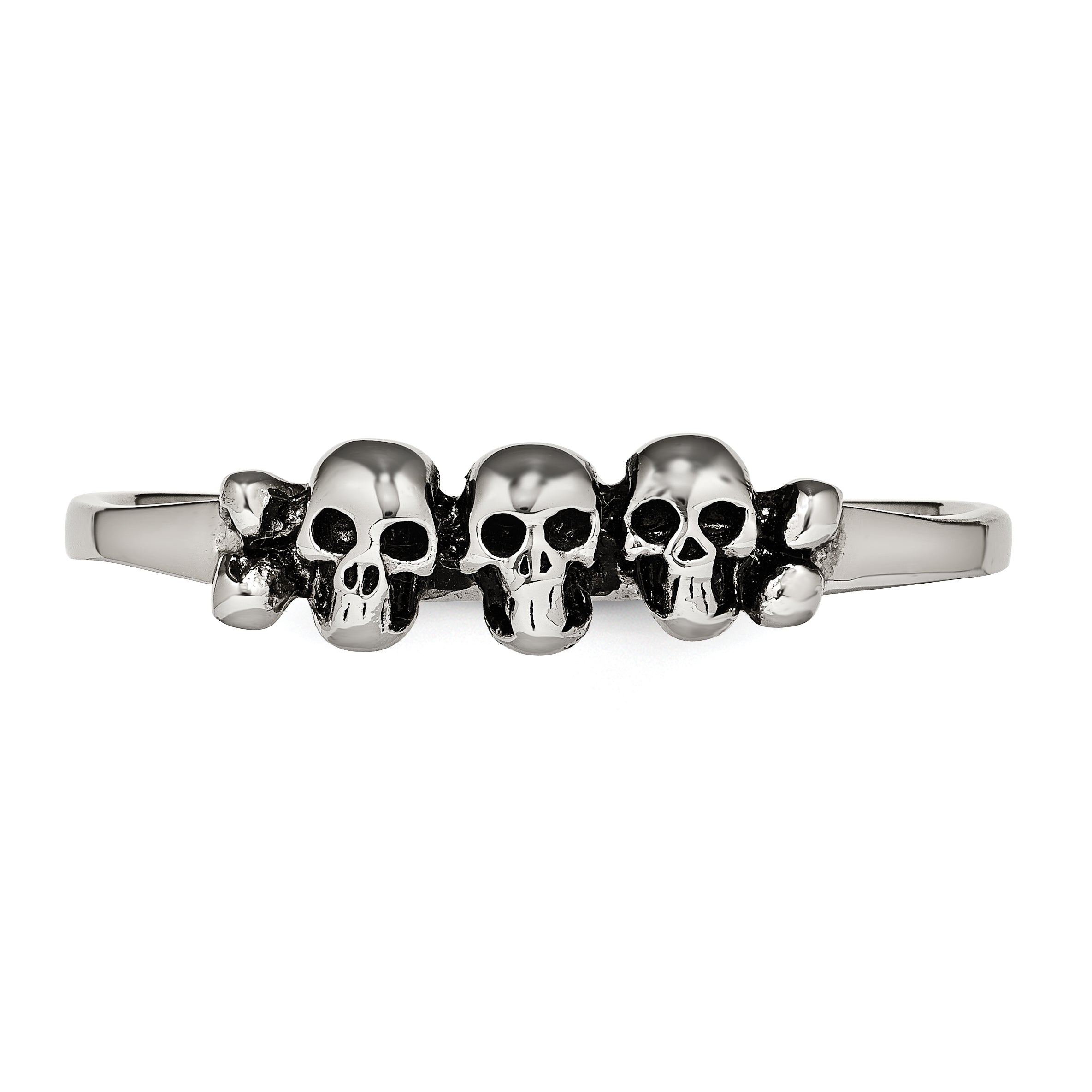 StainleSterling Silver Steel Polished & Antiqued Two Finger Skulls Ring