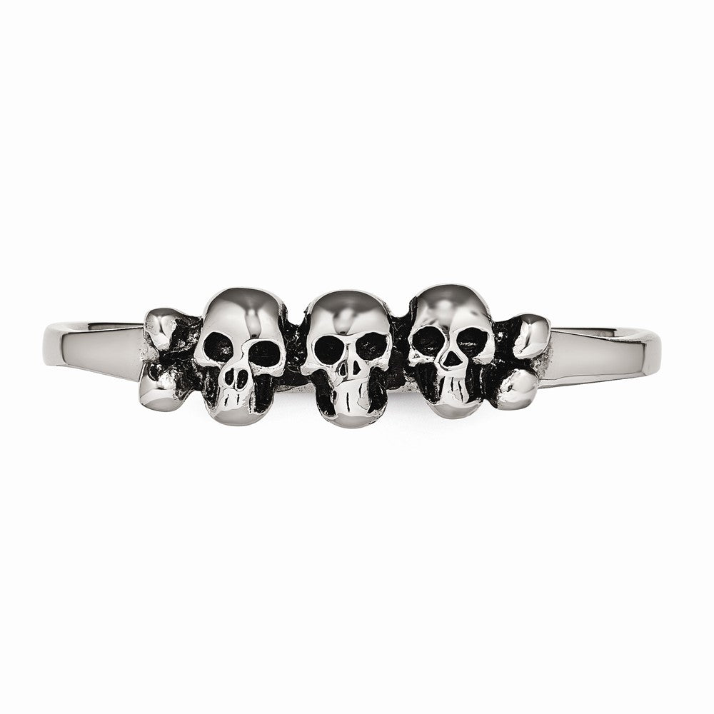 Stainless Steel Skull Two-Finger Ring with Polished Antiqued Finish - 6