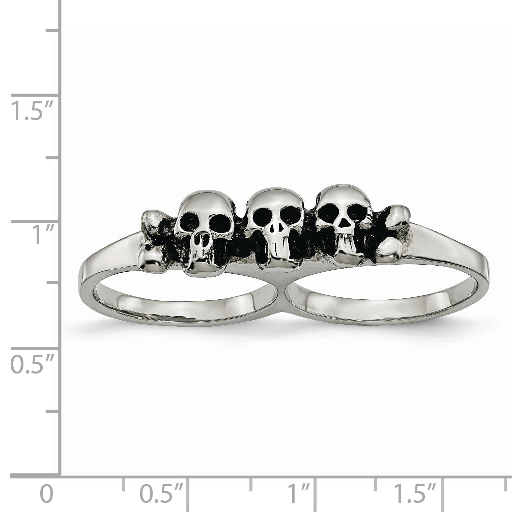 StainleSterling Silver Steel Polished & Antiqued Two Finger Skulls Ring