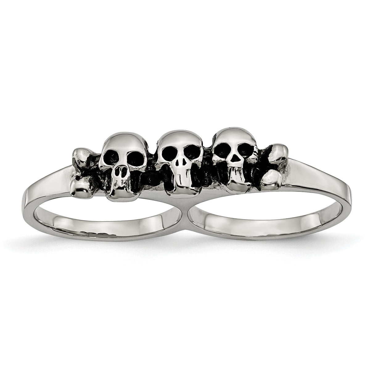 Stainless Steel Polished & Antiqued Two Finger Skulls Ring - Sophia Jewelers Main image