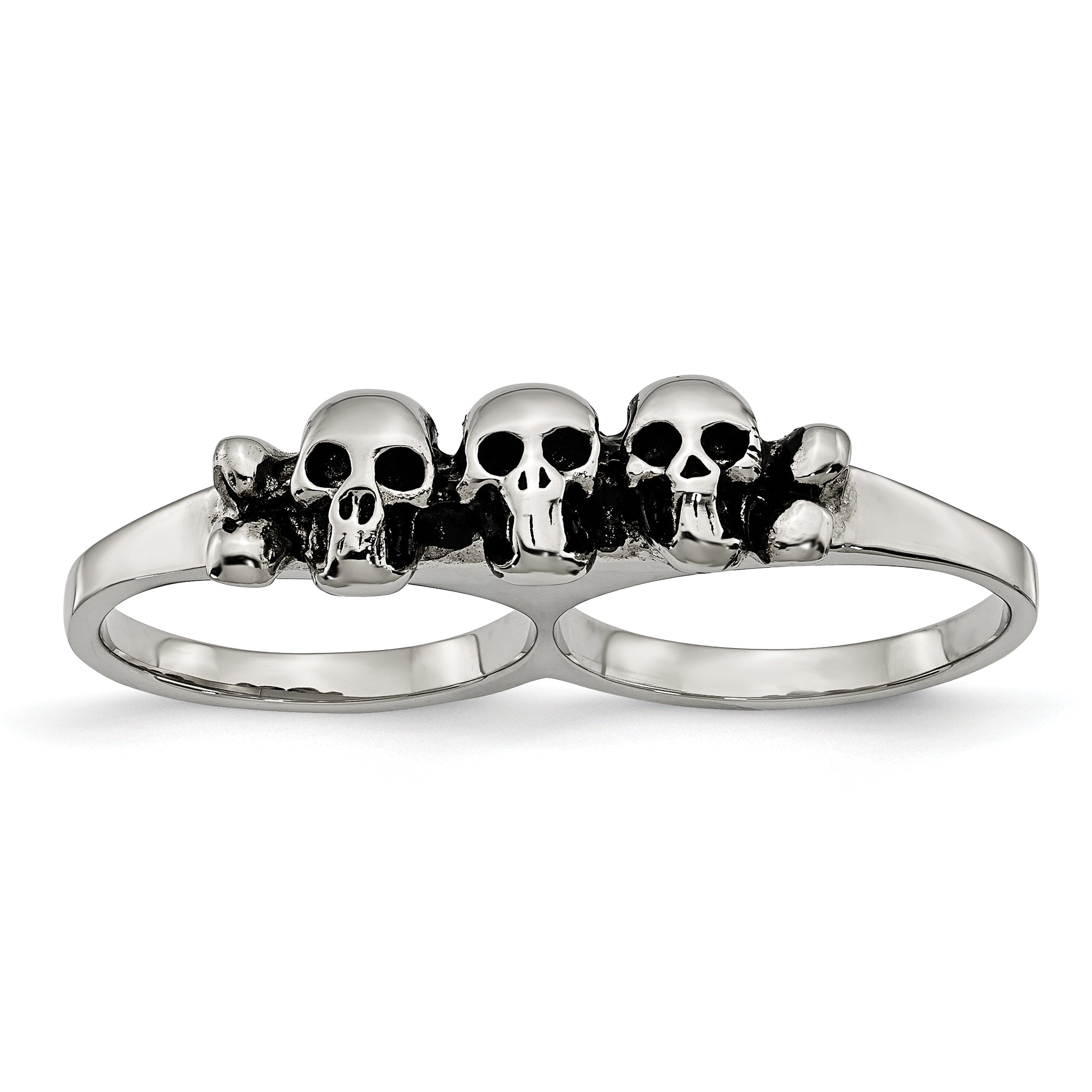 Stainless Steel Polished & Antiqued Two Finger 8/9 Skulls Ring Main image