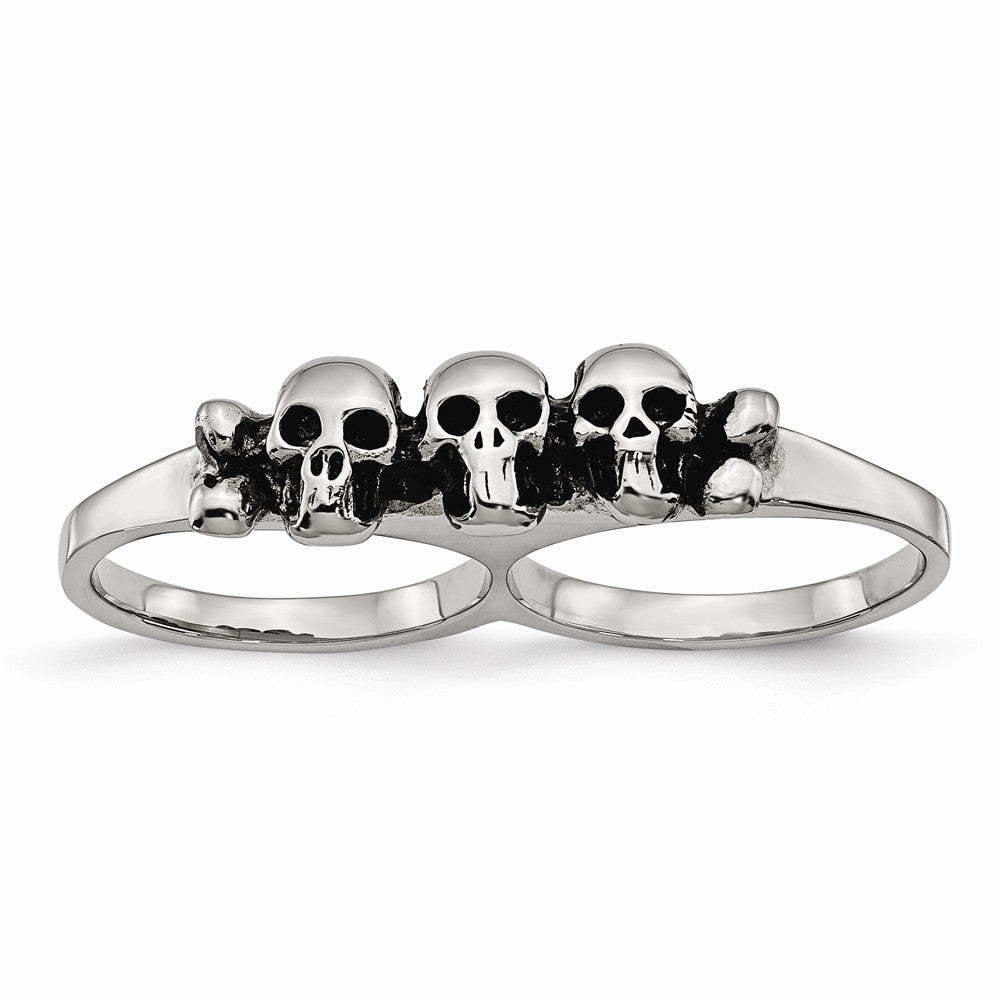 Stainless Steel Skull Two-Finger Ring with Polished Antiqued Finish - 6
