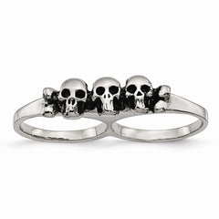 Stainless Steel Skull Two-Finger Ring with Polished Antiqued Finish - 6