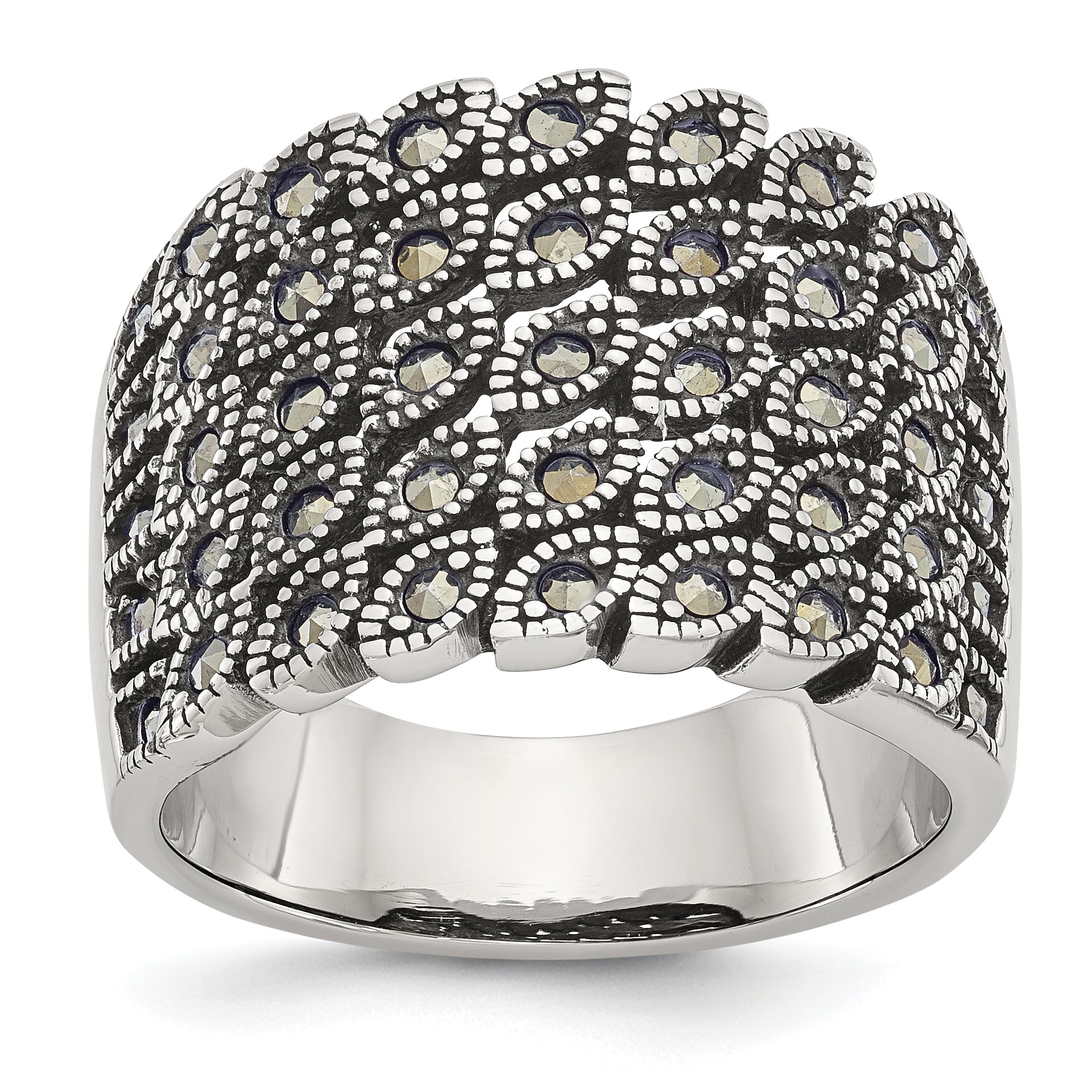 Stainless Steel Antiqued and Polished Marcasite Ring