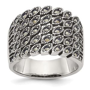 Wide Domed Band Marcasite Ring in Stainless Steel, Antiqued & Polished - Sophia Jewelers
