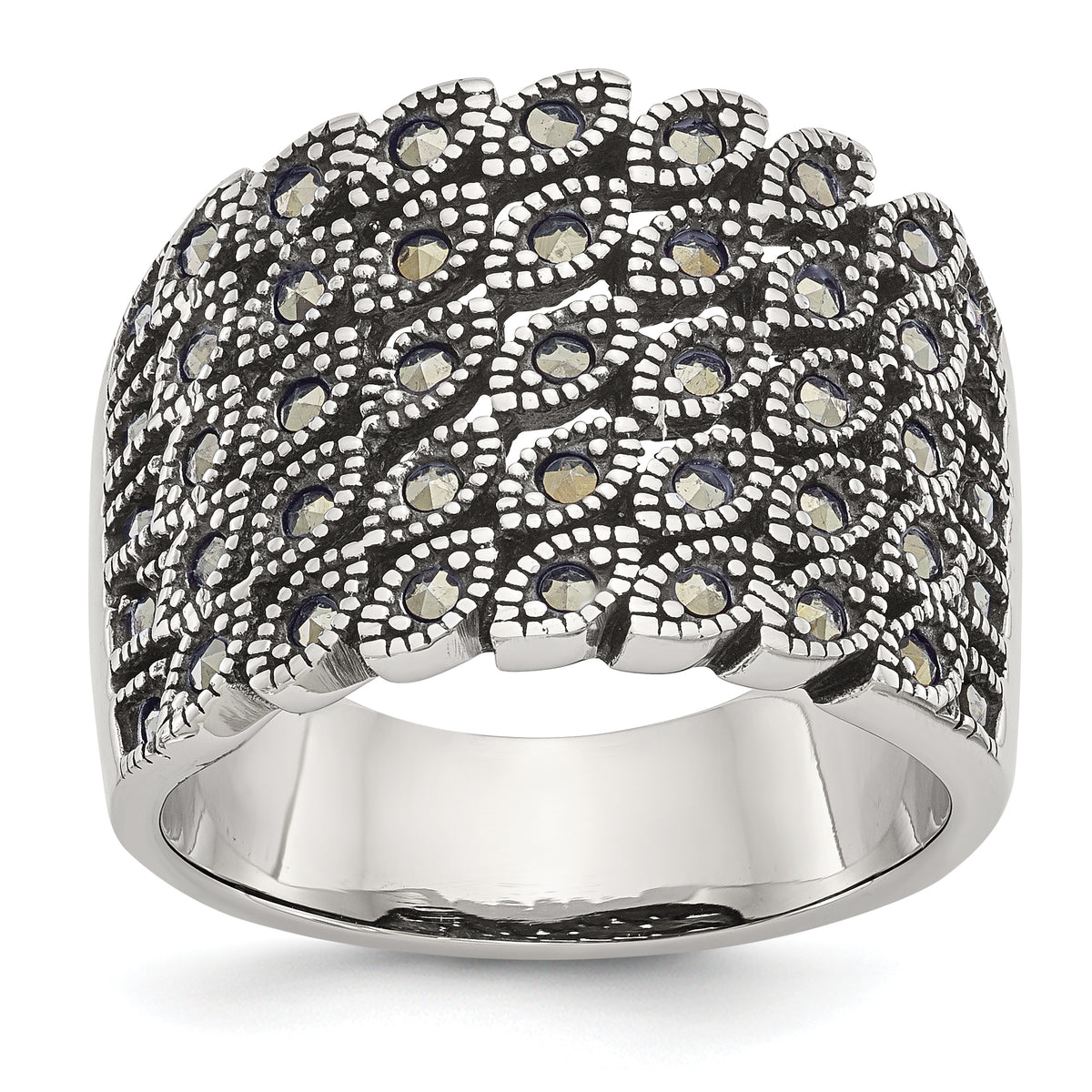 Stainless Steel Antiqued and Polished Marcasite Ring