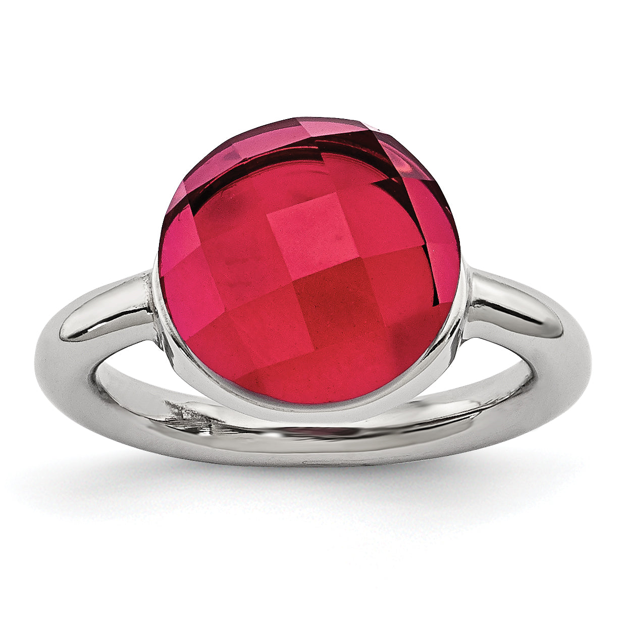 Stainless Steel Polished Red Glass Ring