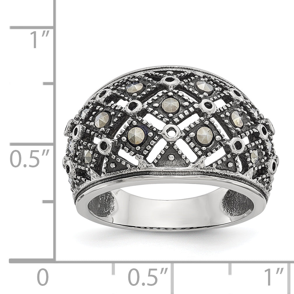 Stainless Steel Antiqued and Polished Marcasite Ring