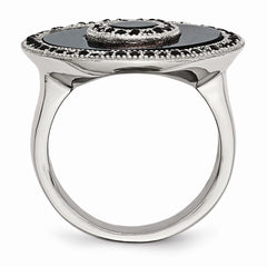 Stainless Steel Polished Black Mother of Pearl and Crystal Ring