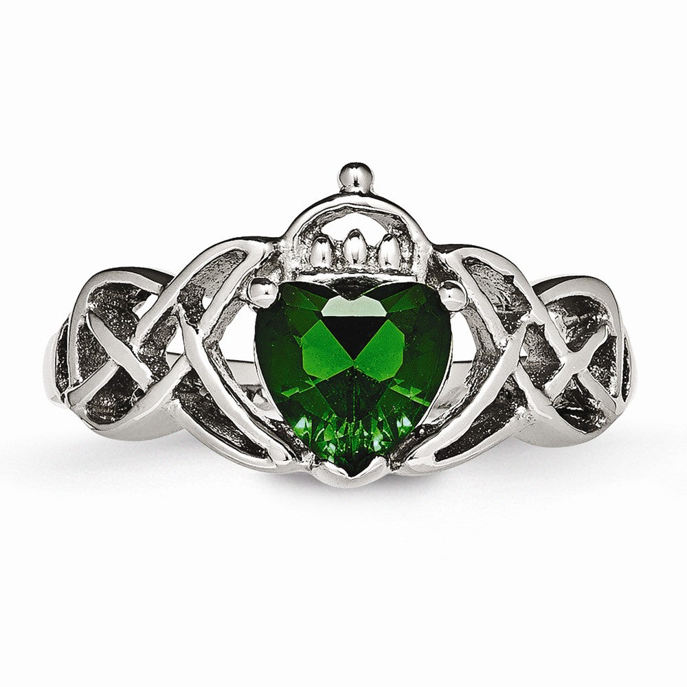 Stainless Steel Polished w/ Green Heart CZ Claddagh Ring