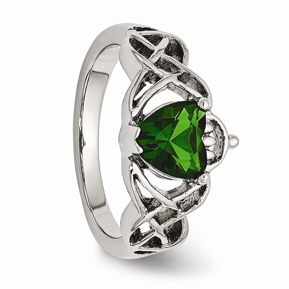 Stainless Steel Polished w/ Green Heart CZ Claddagh Ring