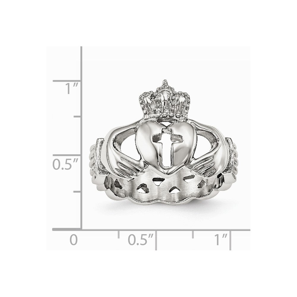 Stainless Steel Polished Claddagh with Cross Ring