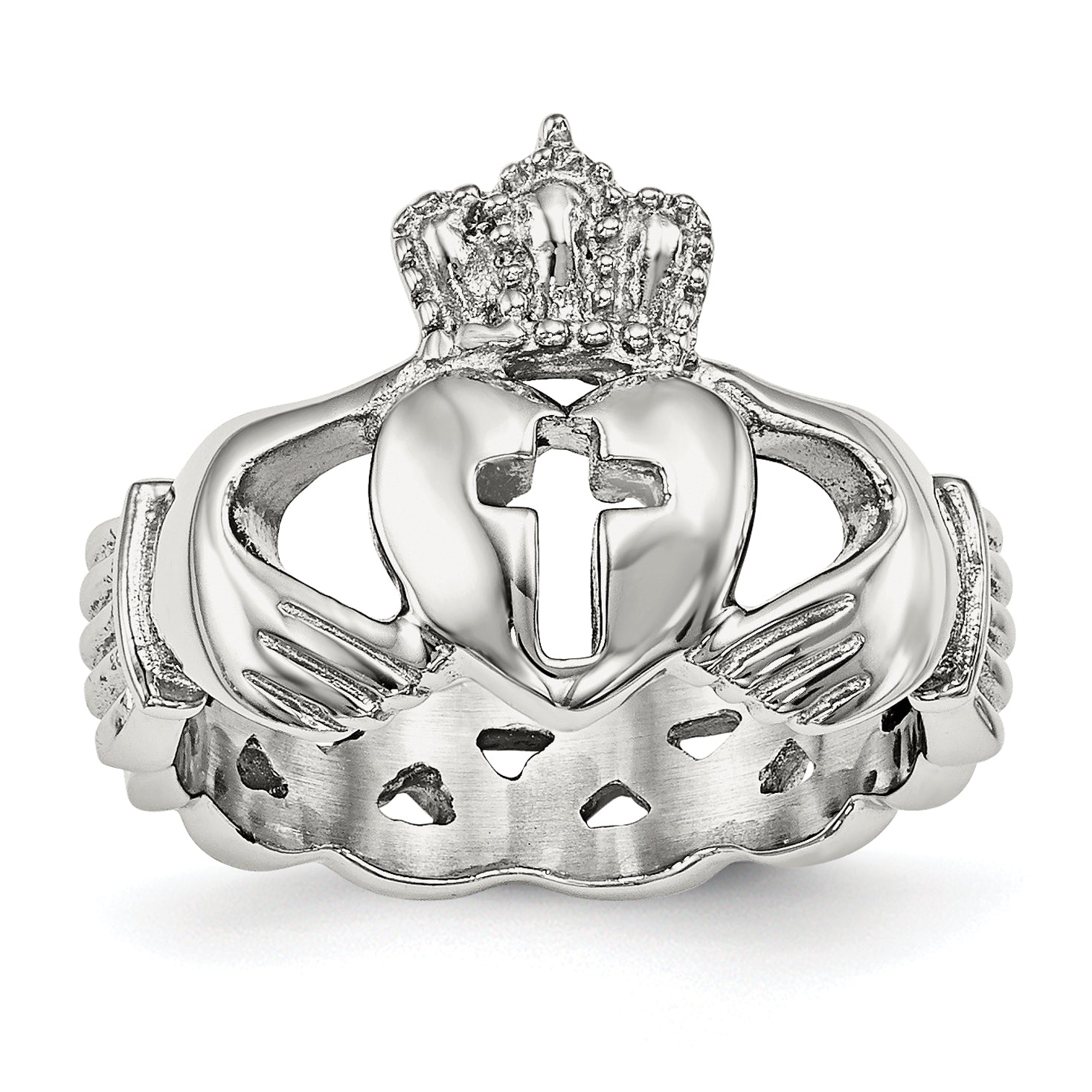 Stainless Steel Polished Claddagh with Cross Ring Main image