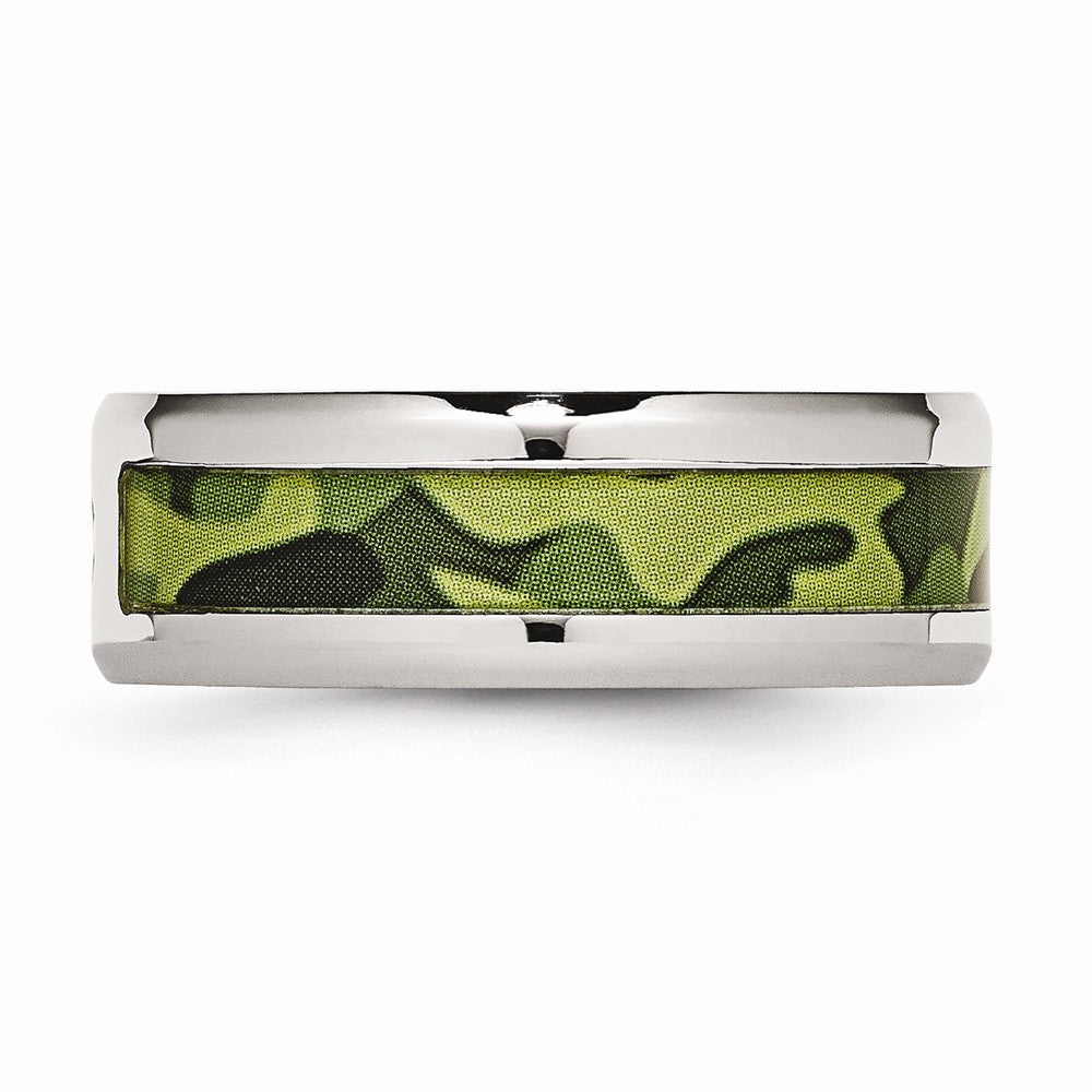 Stainless Steel Polished w/ CZ Printed Green Camo Under Rubber Band