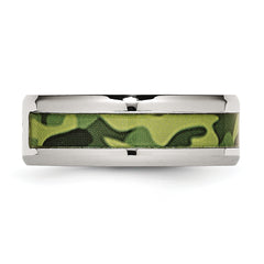 Stainless Steel Polished with CZ Printed Green Camo Under Rubber 8mm Band