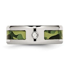 Stainless Steel Polished with CZ Printed Green Camo Under Rubber 8mm Band