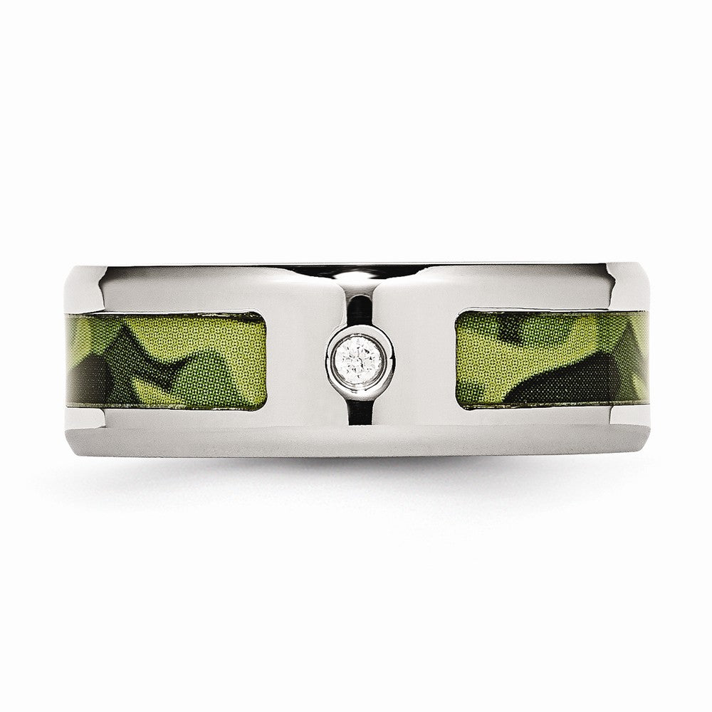 Stainless Steel Wedding Band with CZ Green Camo Polished Finish