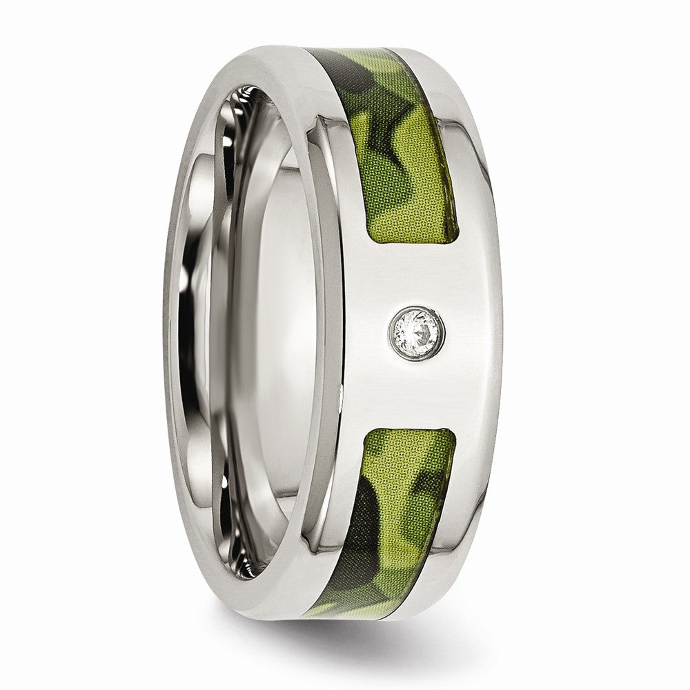 Stainless Steel Polished w/ CZ Printed Green Camo Under Rubber Band