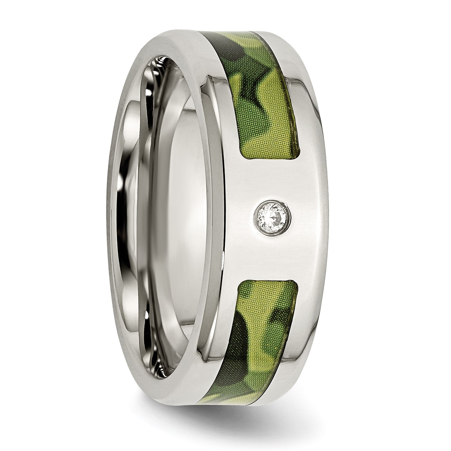 Stainless Steel Polished with CZ Printed Green Camo Under Rubber 8mm Band