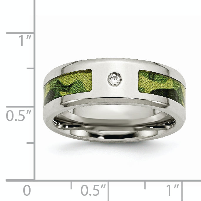 Stainless Steel Polished with CZ Printed Green Camo Under Rubber 8mm Band