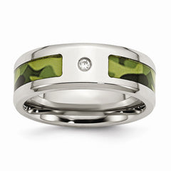 Stainless Steel Polished w/ CZ Printed Green Camo Under Rubber Band