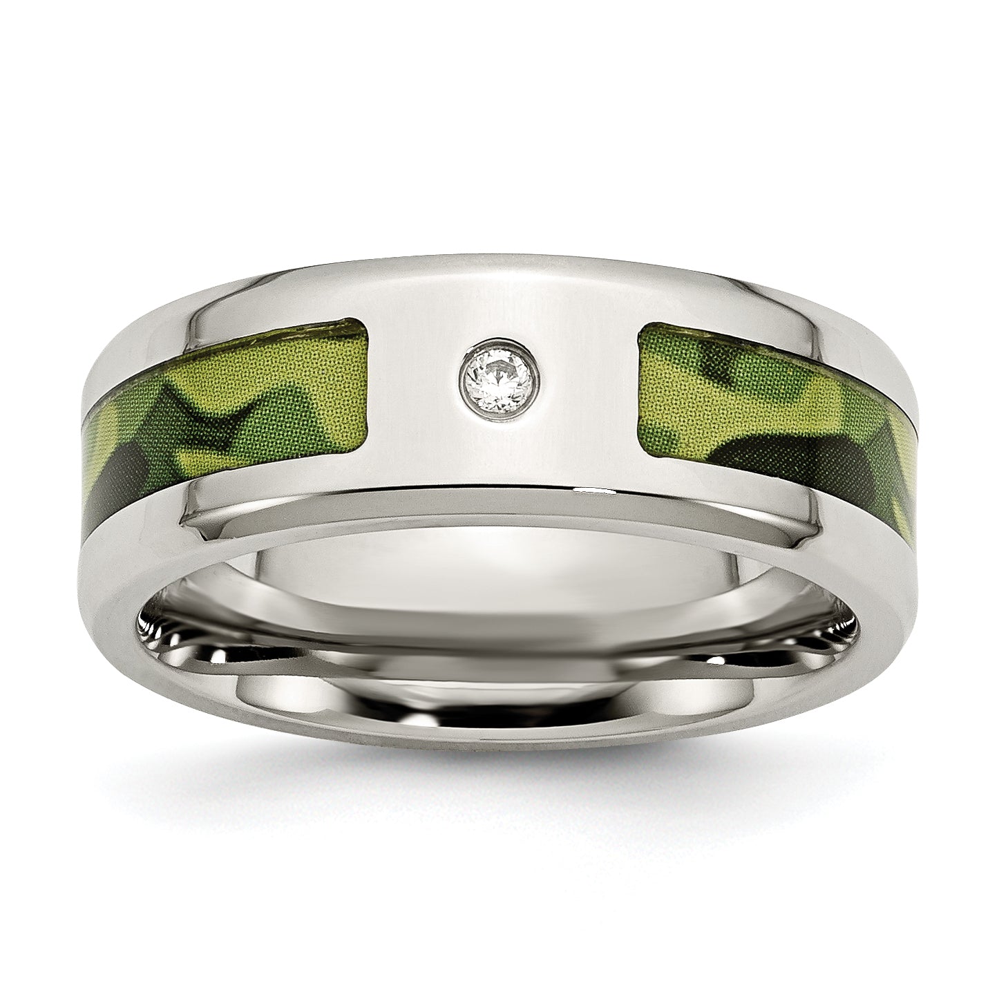 Stainless Steel Polished with CZ Printed Green Camo Under Rubber 8mm Band