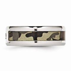 Stainless Steel Polished w/ CZ Printed Brown Camo Under Rubber Band