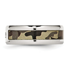 Stainless Steel Polished with CZ Printed Brown Camo Under Rubber 8mm Band