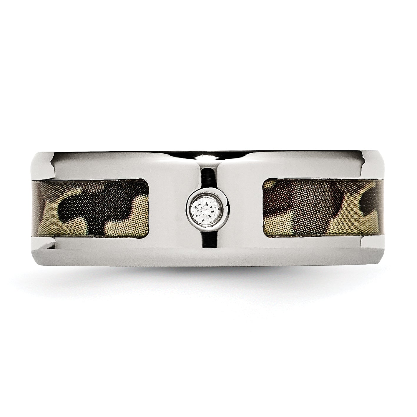 Stainless Steel Polished with CZ Printed Brown Camo Under Rubber 8mm Band