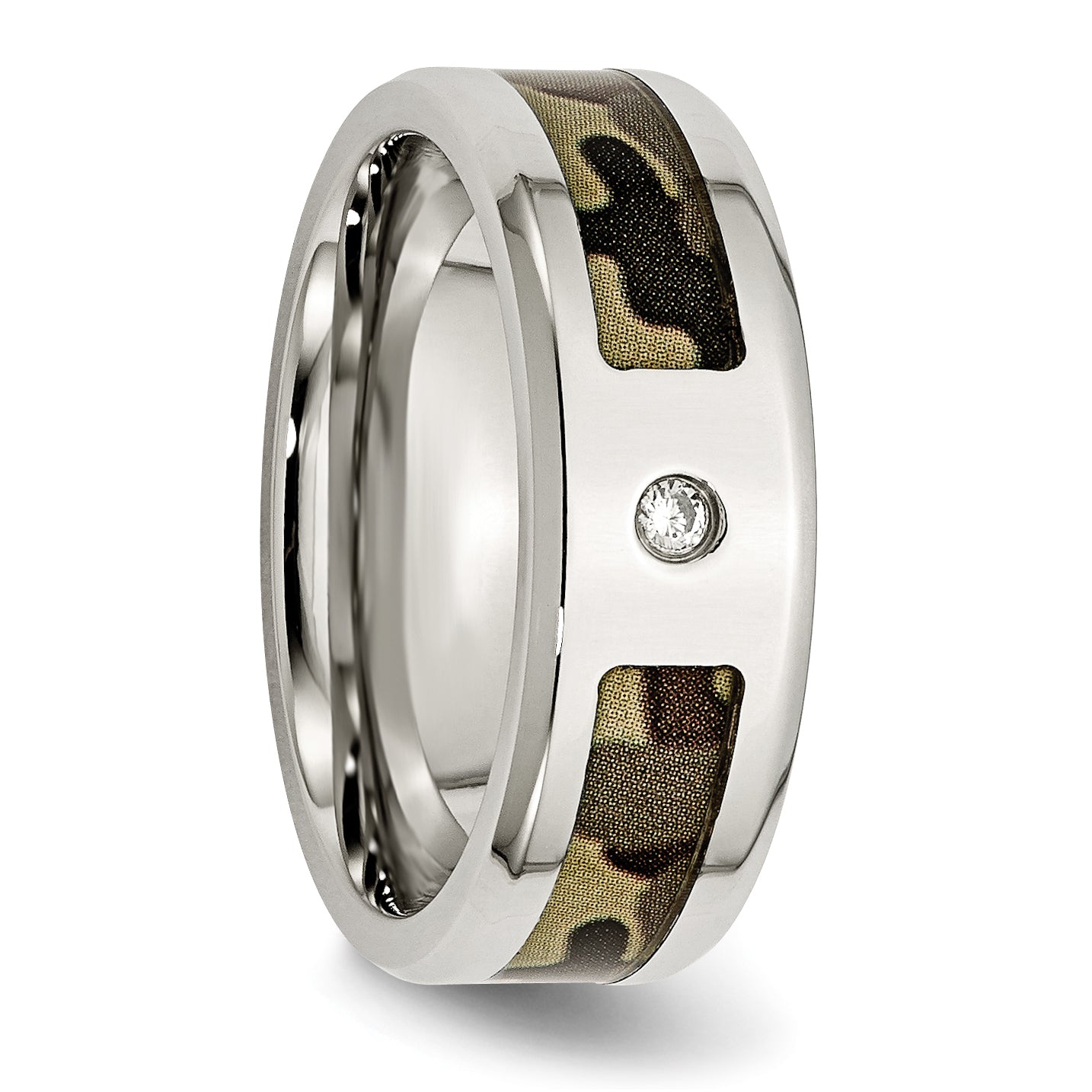Stainless Steel Polished with CZ Printed Brown Camo Under Rubber 8mm Band