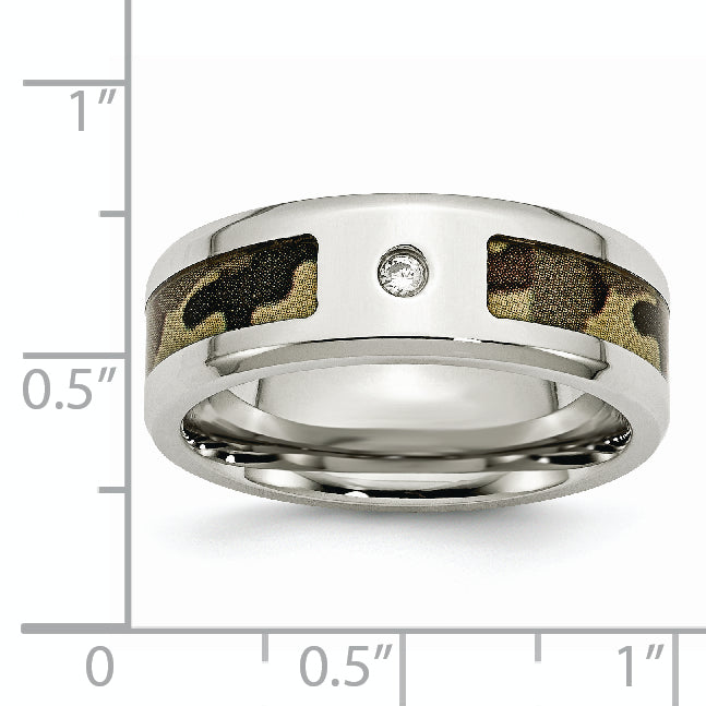 Stainless Steel Polished with CZ Printed Brown Camo Under Rubber 8mm Band