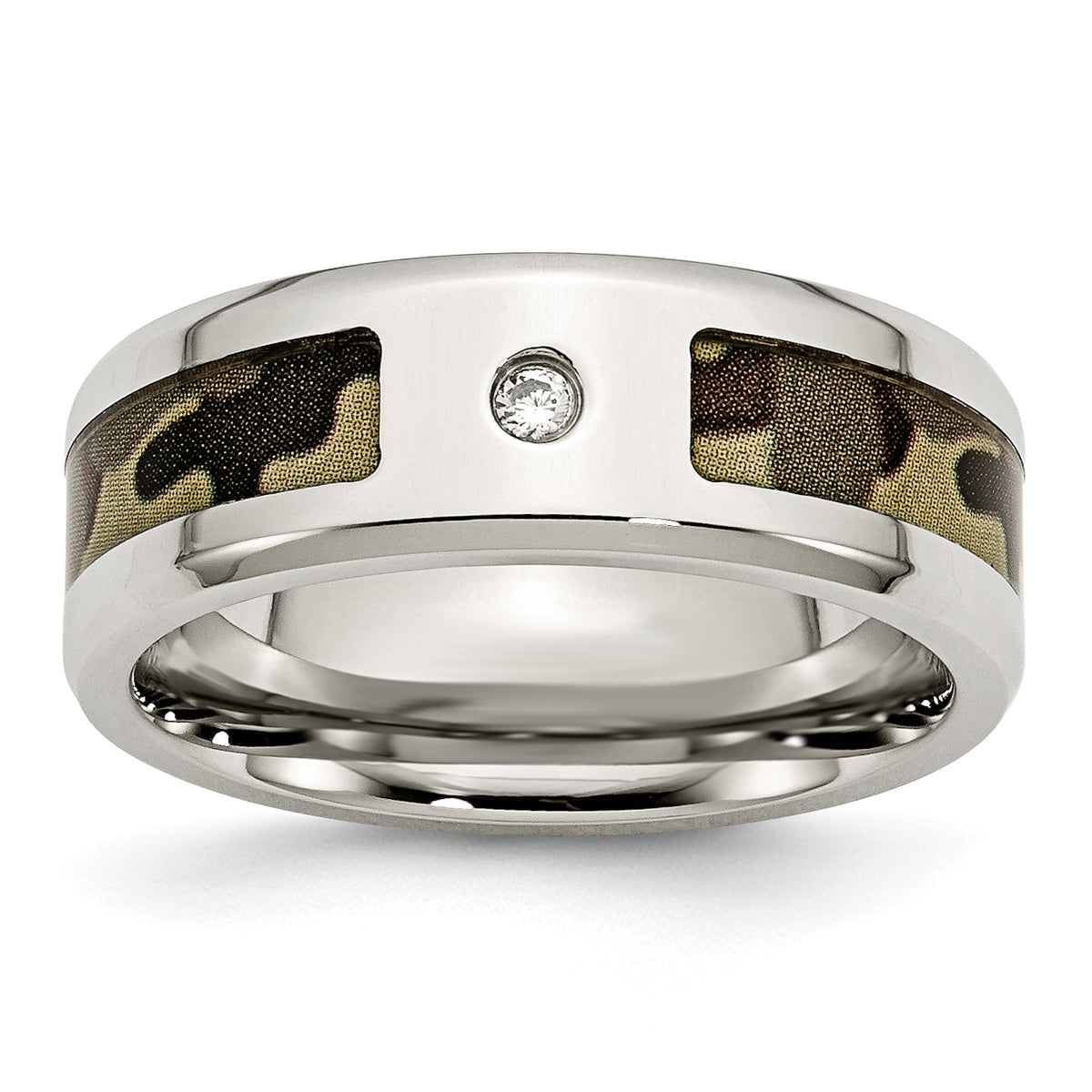 Stainless Steel Polished with CZ Printed Brown Camo Under Rubber 8mm Band