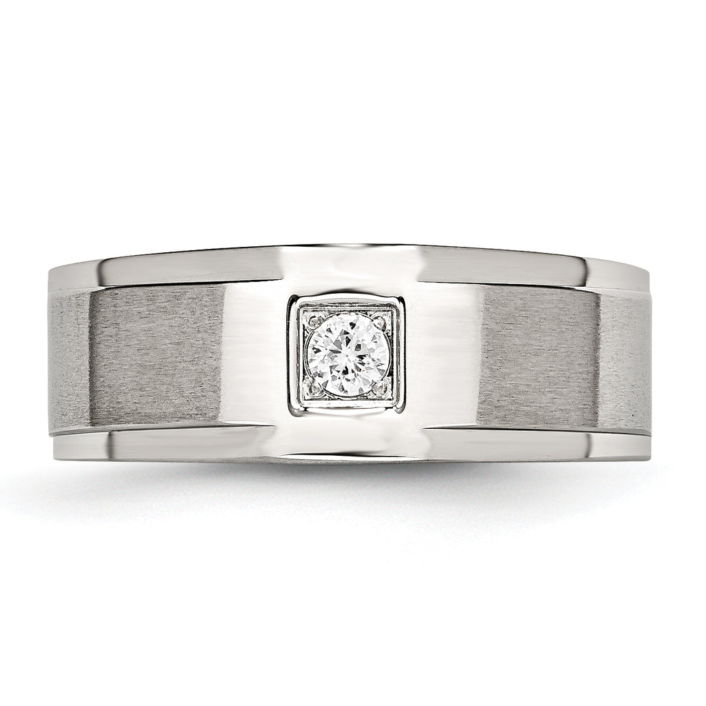 Stainless Steel Brushed and Polished with CZ Ring