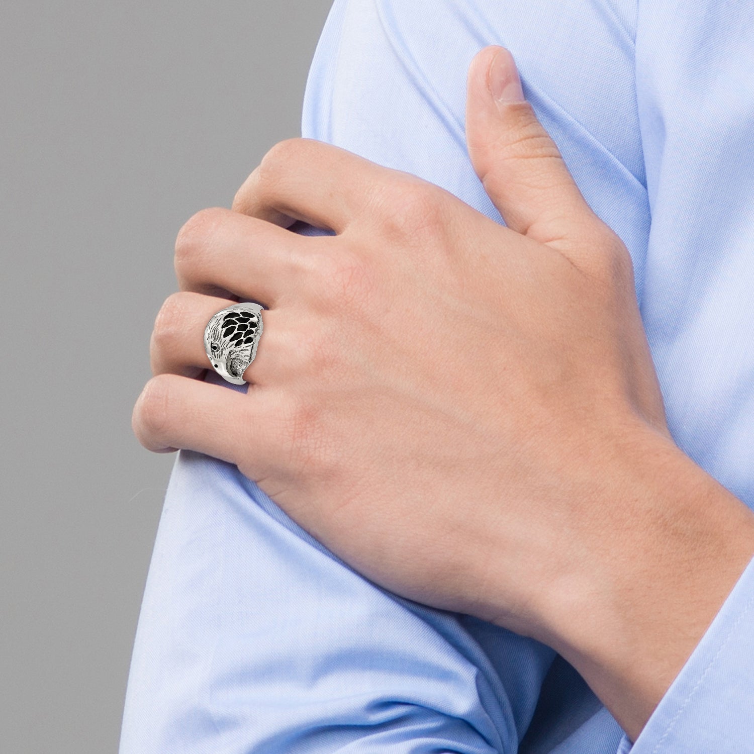 Stainless Steel Polished and Textured Black Enameled Eagle Ring