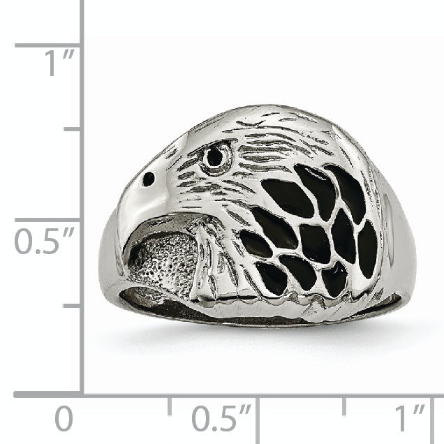 Stainless Steel Polished and Textured Black Enameled Eagle Ring