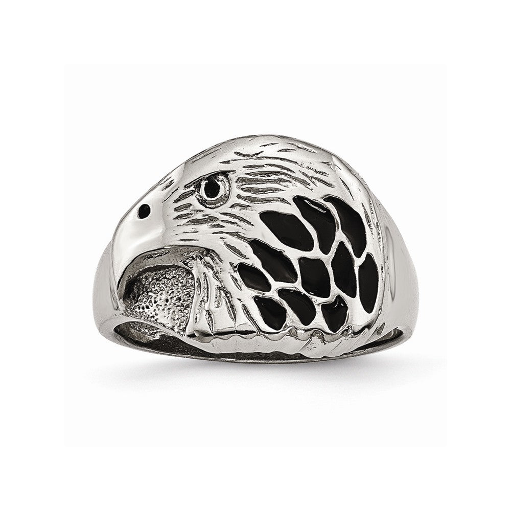 Stainless Steel Polished Black Enameled Eagle Ring