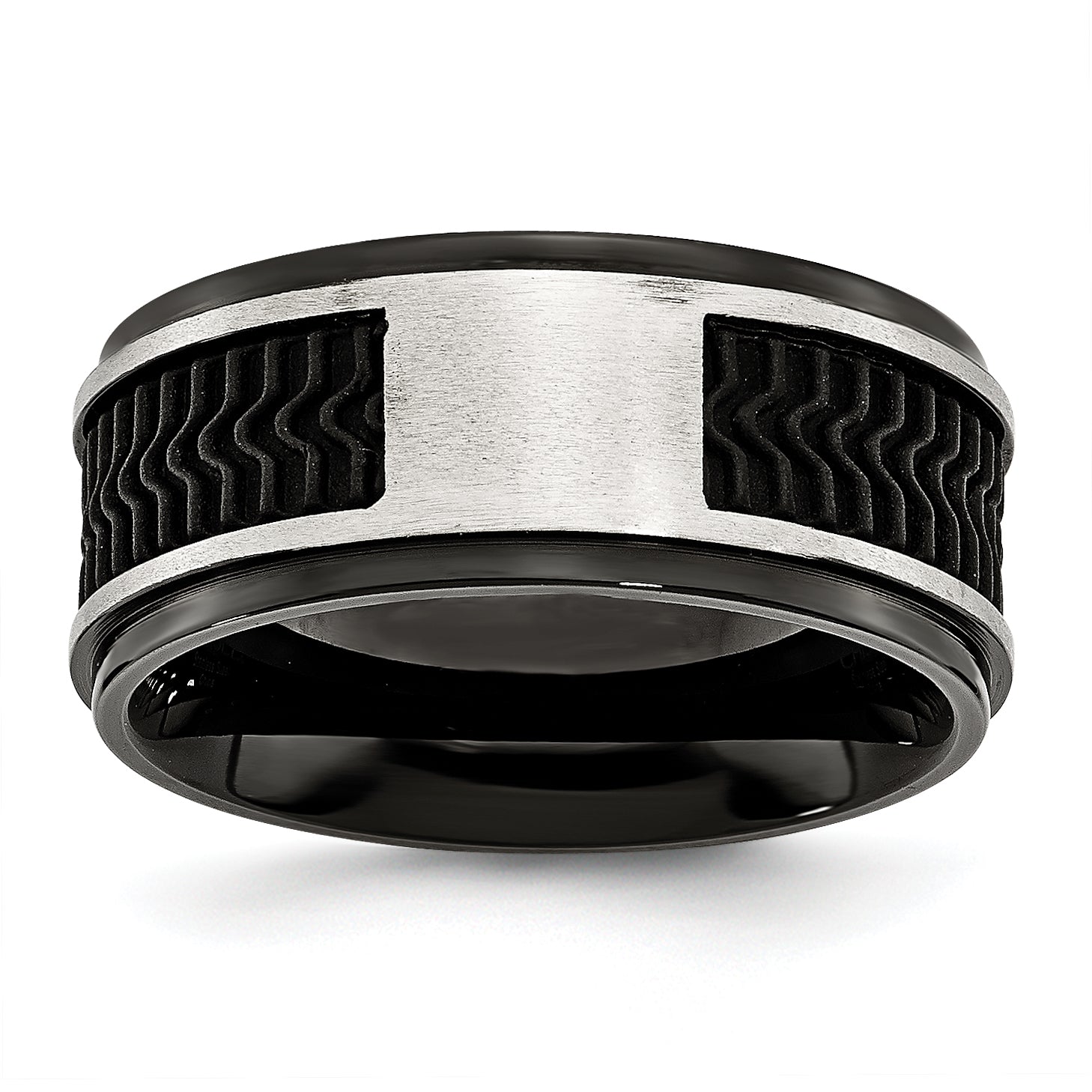 Stainless Steel Polished Black IP-plated WithRubber Inlay 10mm Band