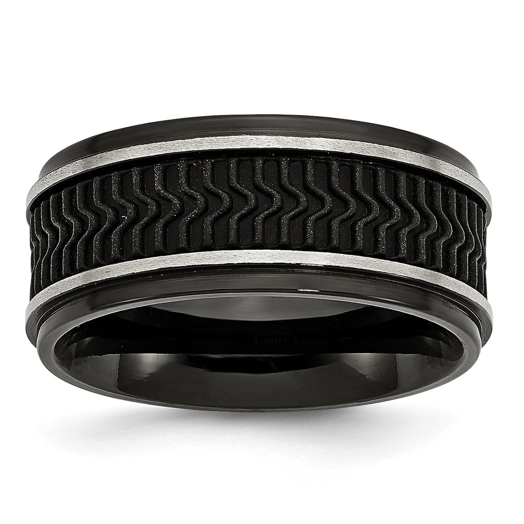 Stainless Steel Polished Black IP-plated WithRubber Inlay 10mm Band