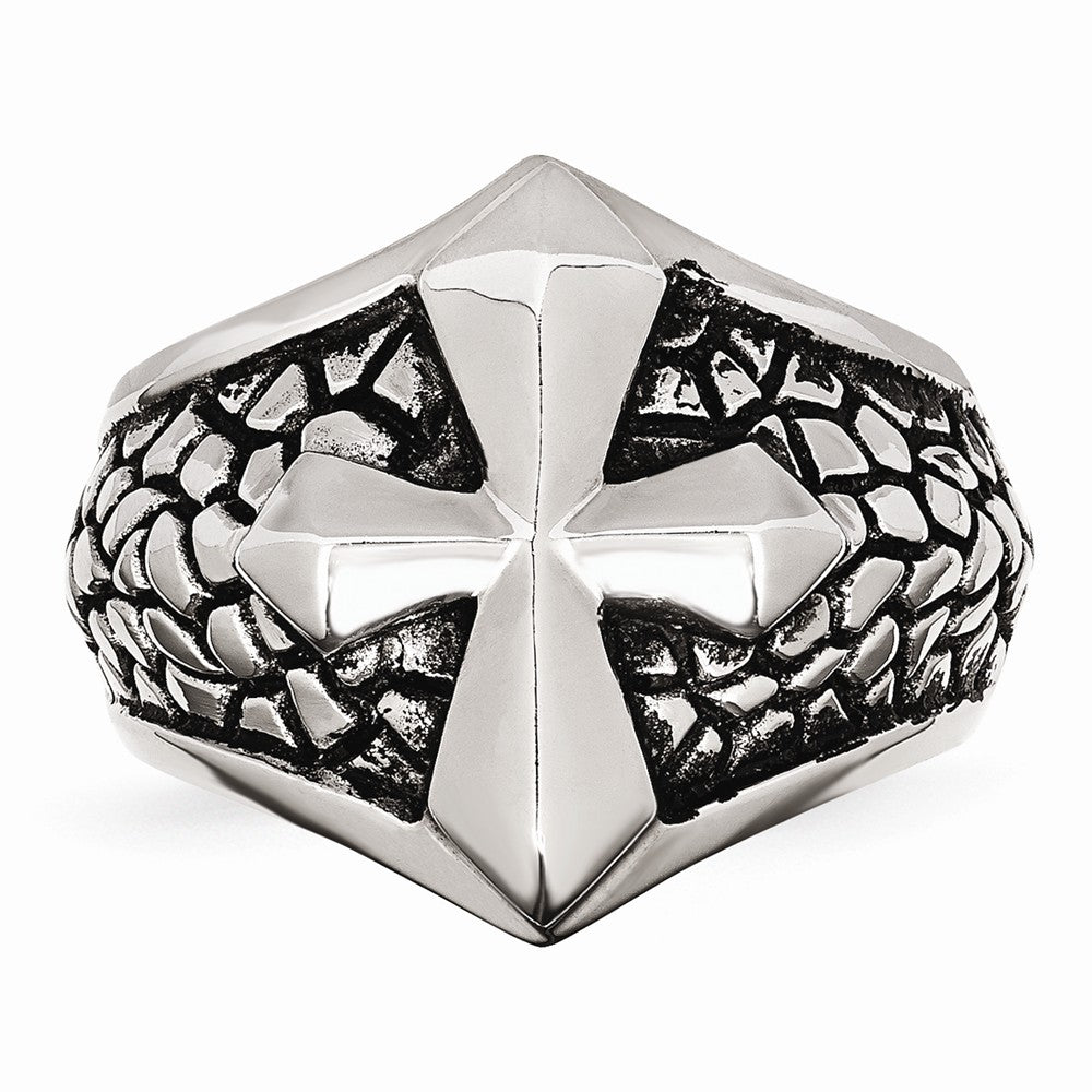 Stainless Steel Men's Antiqued Cross Caviar Ring with Polished Finish - 9 - 9